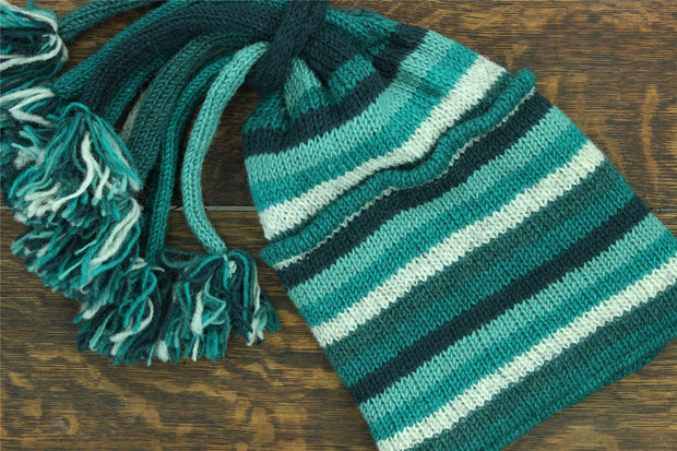 Hand Knitted Beanie Fountain Tassel Hat - Stripe Teal