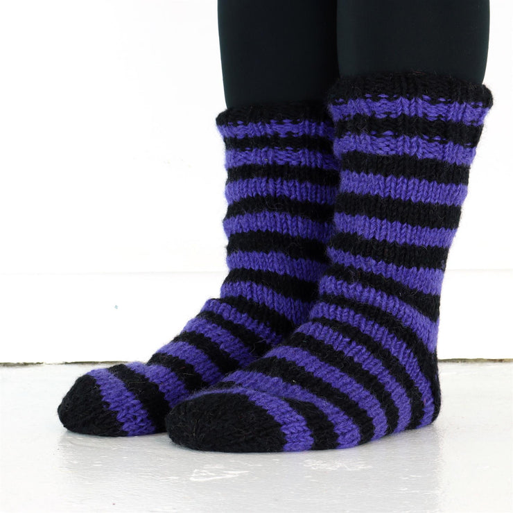 Chunky Wool Knit Fleece Lined Socks - Purple & Black