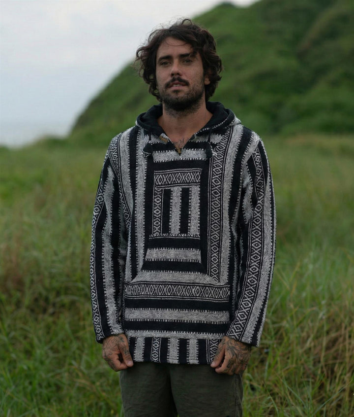 Woven Gheri Cotton Baja Hoodie - Black White