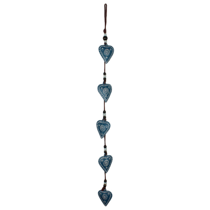 Hanging Mobile Decoration String of Hearts - Teal - Brown String