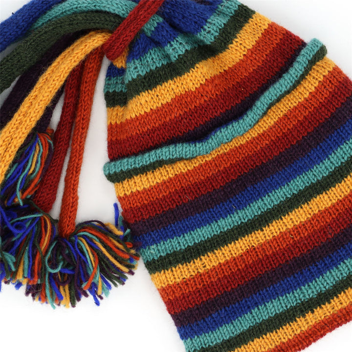 Hand Knitted Beanie Fountain Tassel Hat - Stripe Dark Rainbow