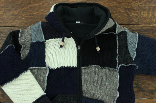 Wool Knit Patchwork Hooded Jacket - Black
