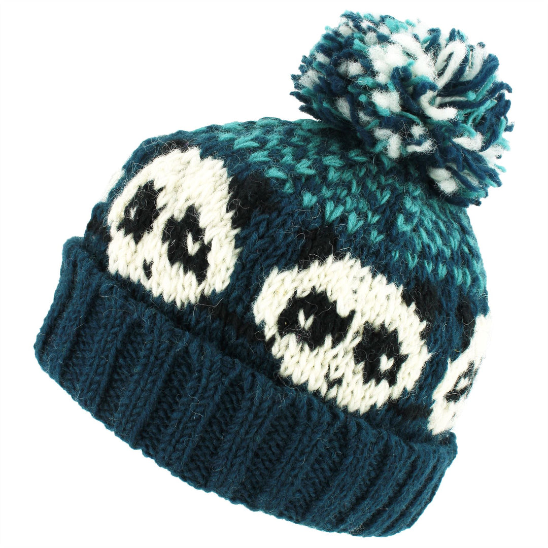 Wool Knit Bobble Beanie Hat - Panda - Teal Green