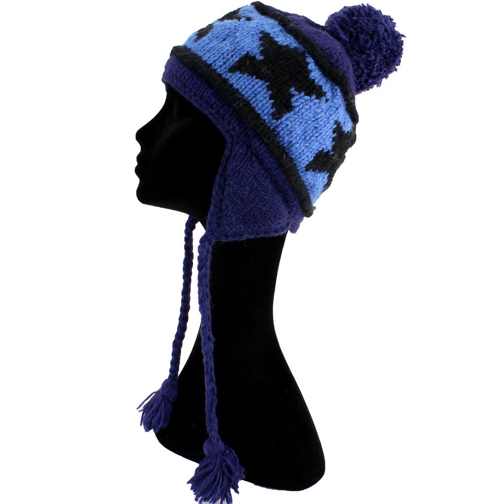 Wool Knit Earflap Bobble Hat - Star Blue