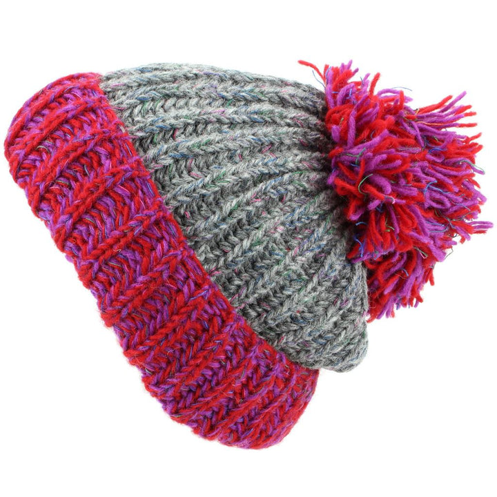 Chunky Wool Knit Baggy Slouch Beanie Hat with Contrast Turn-up and Bobble - Grey
