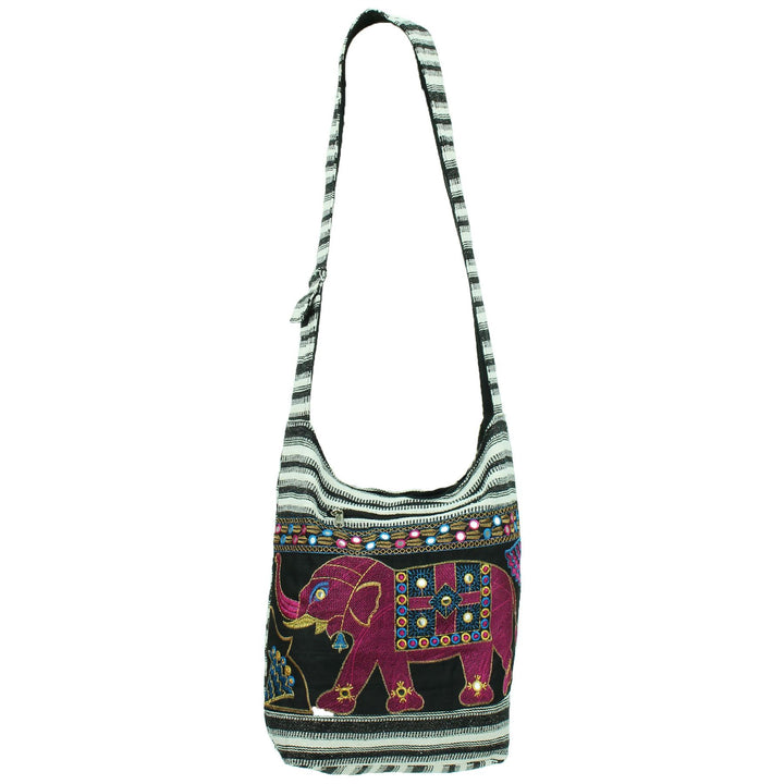 Embroidered Elephant Canvas Sling Shoulder Bag - Black White