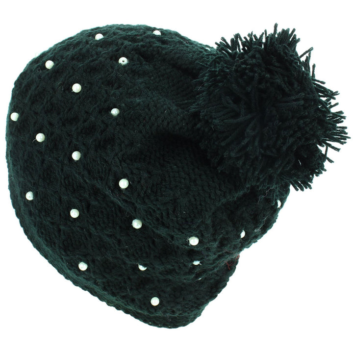 Pearl Lattice Bobble Beanie Hat - Black