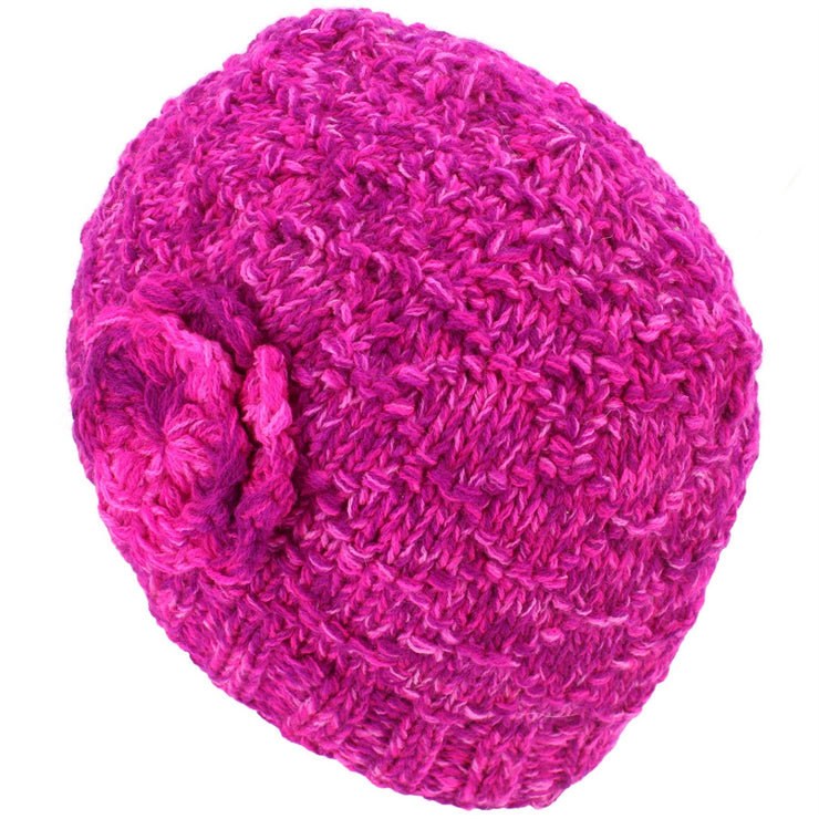 Acrylic Knit Flower Beanie Hat - Pink