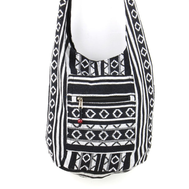 Diamond Pattern Canvas Sling Shoulder Bag - Black White