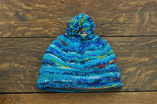 Chunky Wool Knit Beanie Bobble Hat - SD Bright Blue Mix