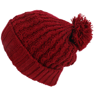 Cable Knit Bobble Beanie Hat - Red