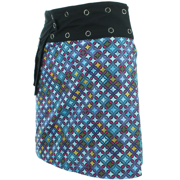 Reversible Popper Wrap Knee Length Skirt - Blue Patch Strips / Diamond Block