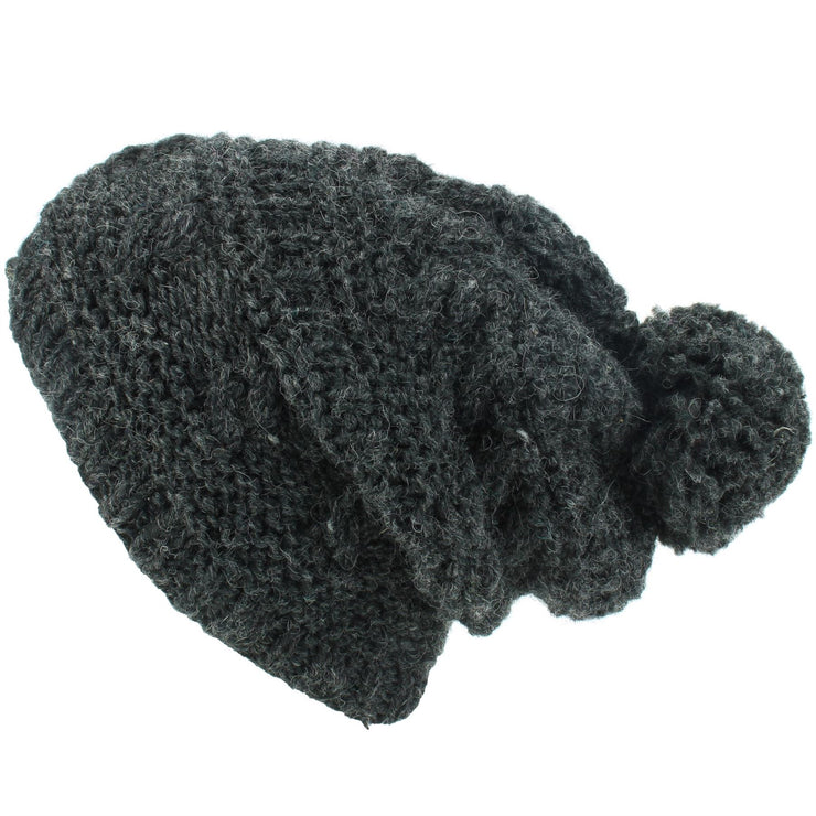 Wool Knit Bobble Beanie Hat - Charcoal Grey