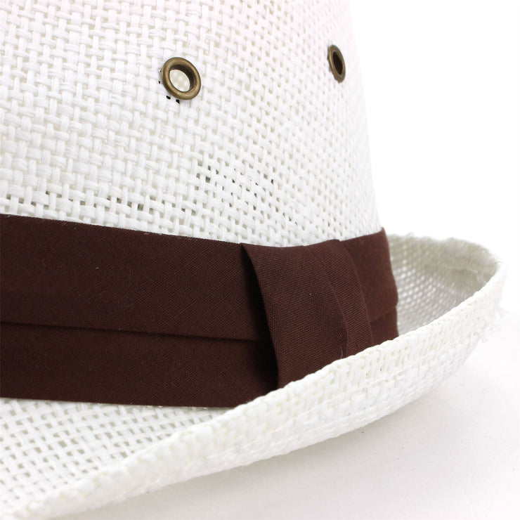 Straw Trilby Fedora Hat with Ventilation and Ribbon - White