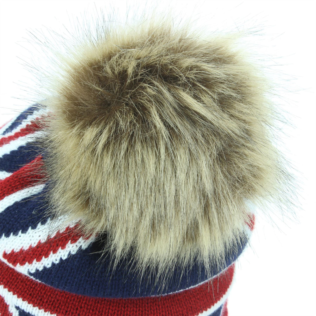 Union Jack Bobble Beanie Hat with Faux Fur Bobble - Brown