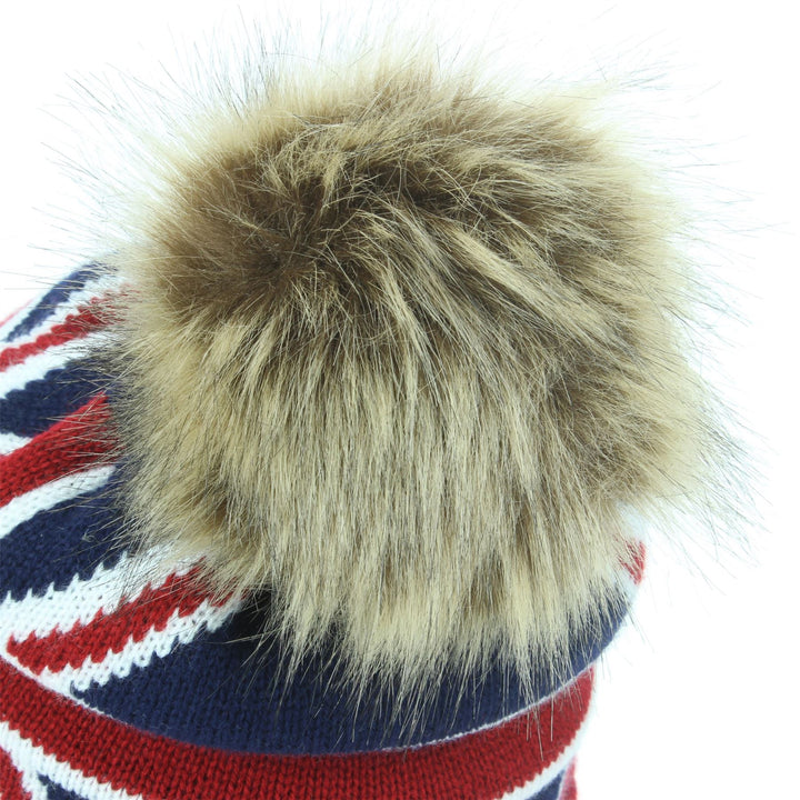 Union Jack Bobble Beanie Hat with Faux Fur Bobble - Brown