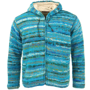 Space Dye Chunky Wool Knit Hooded Cardigan Jacket - Bright Blue