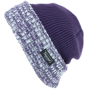 Bonnet en Maille Fine avec Doublure Thermique et Revers Chiné - Violet