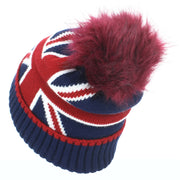 Union Jack Bobble Beanie Hat with Faux Fur Bobble - Red