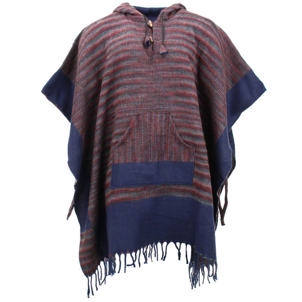 Soft Vegan Wool Hooded Tibet Poncho - Red Grey & Navy
