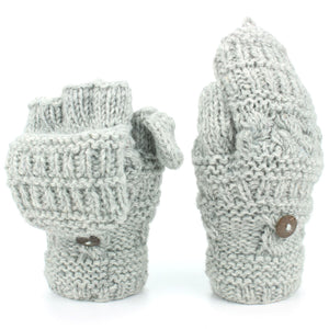 Chunky Wool Fingerless Shooter Gloves - Mixed Knits - Light Grey