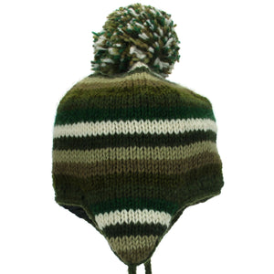Wool Knit Earflap Bobble Hat - Stripe Green Brown