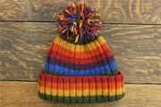 Hand Knitted Wool Beanie Bobble Hat - Stripe Dark Rainbow