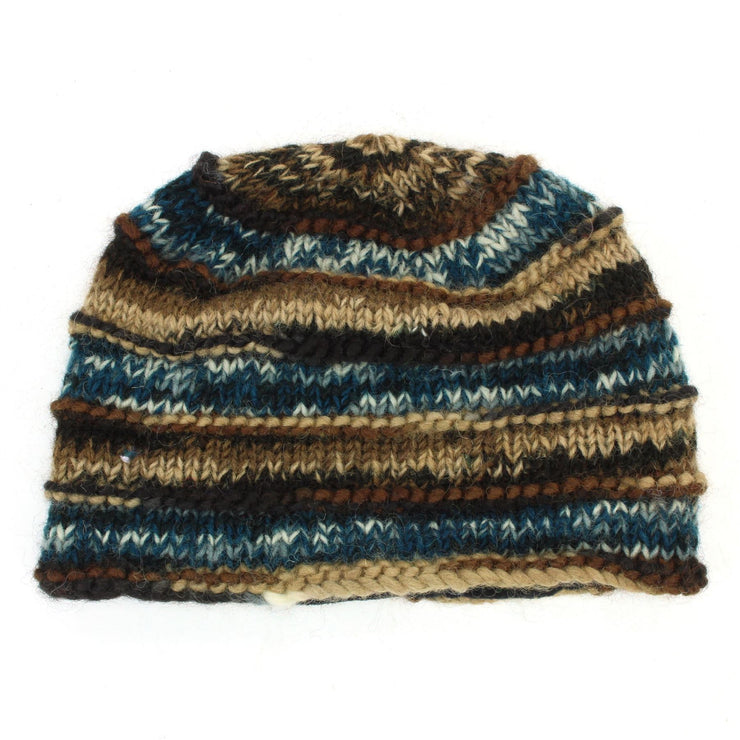 Hand Knitted Wool Beanie Hat - 17 Brown Blue