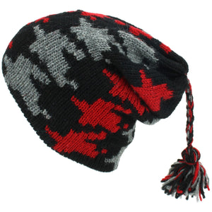 Wool Knit Tassel Beanie Hat - Red Houndstooth