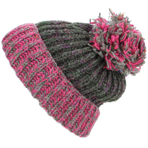 Wool Knit Beanie Bobble Hat - Oatmeal & Pink