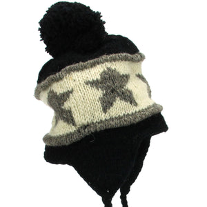 Bonnet à pompon en tricot de laine avec oreillettes - noir étoile