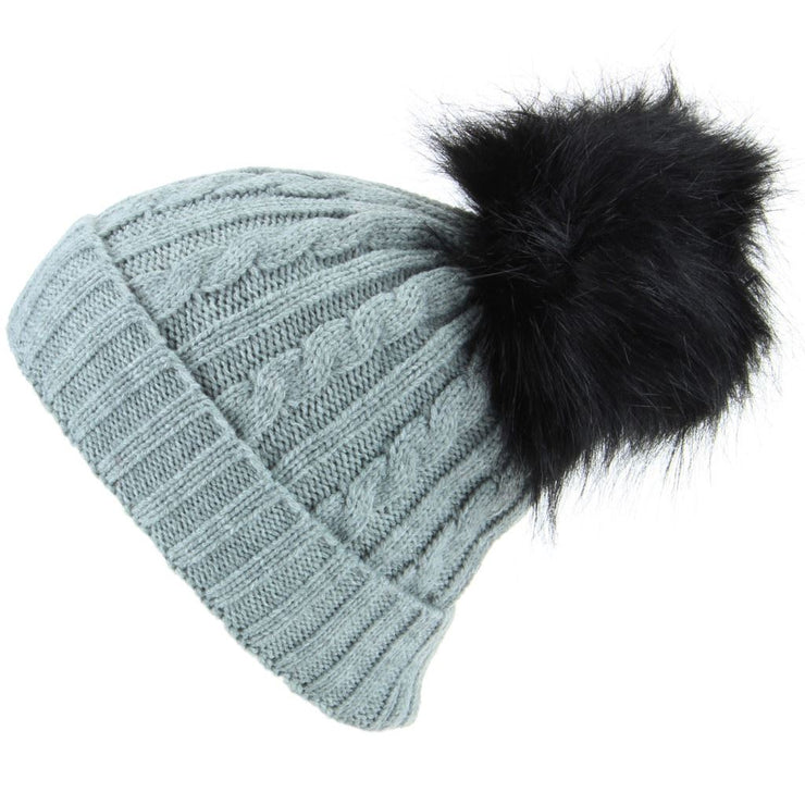 Cable Knit Beanie Hat with Faux Fur Bobble - Light Grey