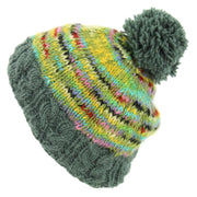 Hand Knitted Wool Beanie Bobble Hat - Grey Green