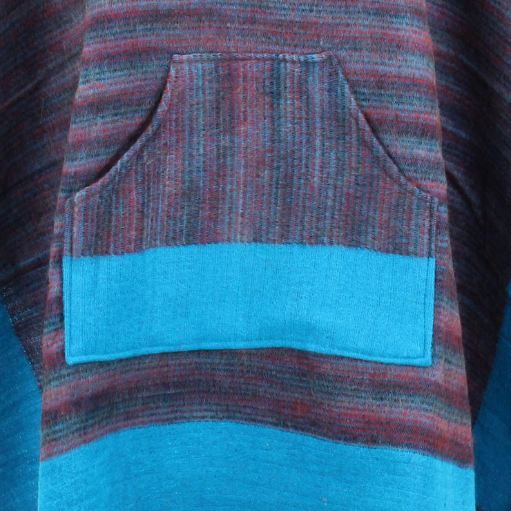 Soft Vegan Wool Hooded Tibet Poncho - Red Grey & Turquoise