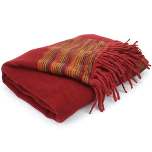 Couverture châle en mélange de laine tibétaine - Rouge avec revers coucher de soleil