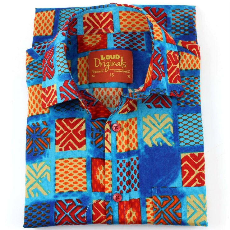 Regular Fit Short Sleeve Shirt - Blue & Multicoloured Square Abstract