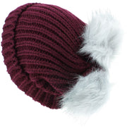 Chunky Knit Beanie Hat with Two Faux Fur Bobbles - Dark Red