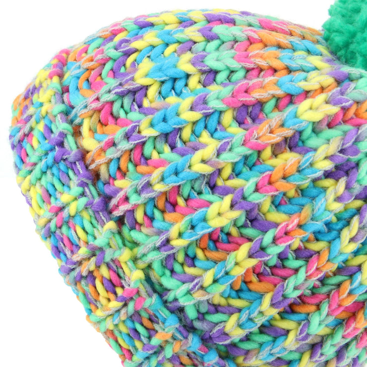 Children's Chunky Rainbow Knit Bobble Beanie Hat - Green Bobble
