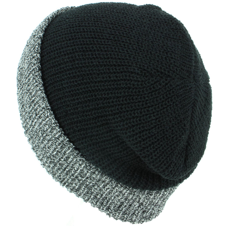 Chunky Double Knit Beanie Hat with Contrast Marl Turn-up - Black