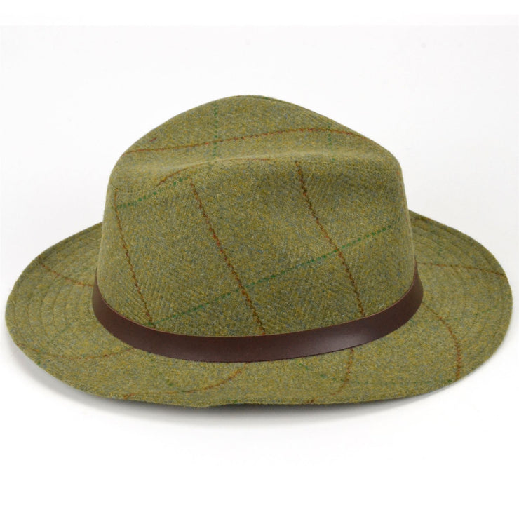 Tweed fedora hat with faux leather band - Mid green