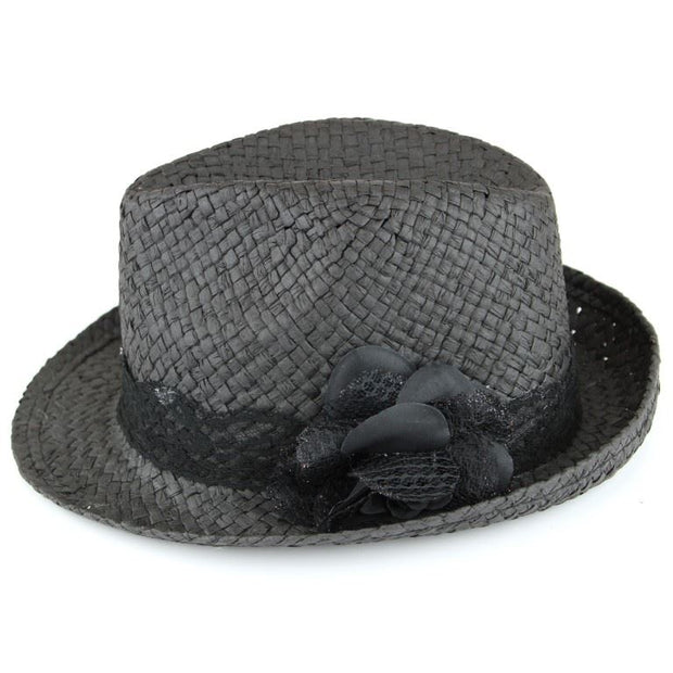 Straw paper trilby hat with lace band and flower corsage - Black