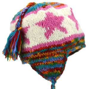 Wool Knit Earflap Tassel Hat - Star Rainbow SD Pink