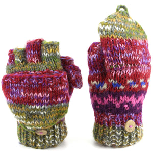 Gants de tir sans doigts en tricot de laine - teinture spatiale (violet et vert)