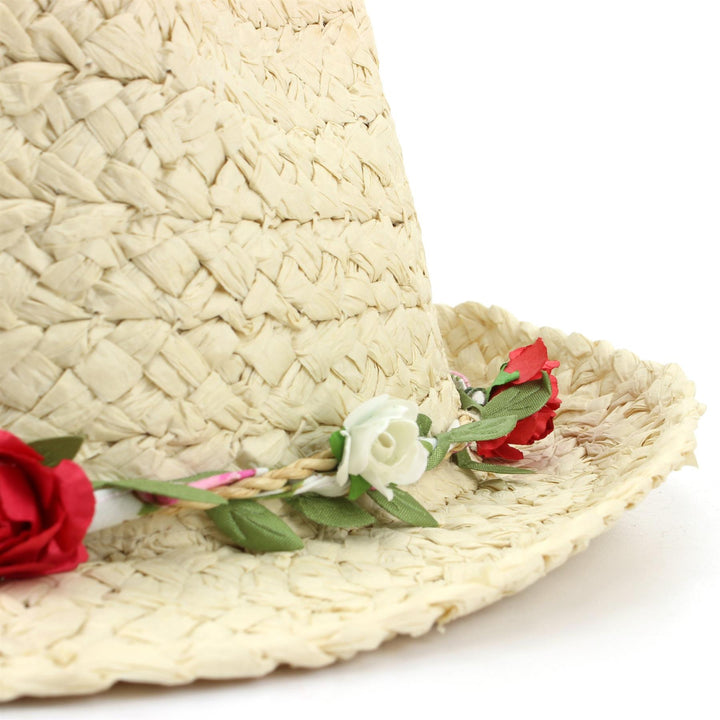 Straw Trilby Fedora Hat with Flower Garland Band