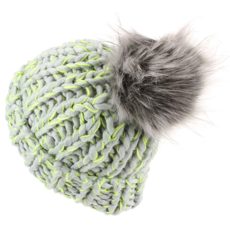 Chunky acrylic knit beanie hat with faux fur bobble - Grey & Green