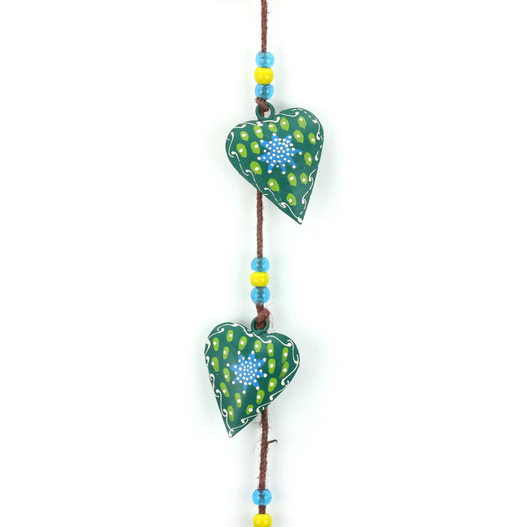 Hanging Mobile Decoration String of Hearts - Green - Brown String