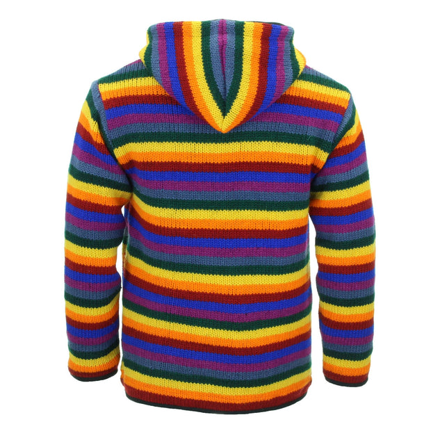 Hand Knitted Wool Hooded Jacket Cardigan - Stripe Rainbow Black Trim