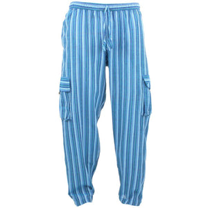 Pantalon cargo népalais classique léger à rayures en coton - turquoise