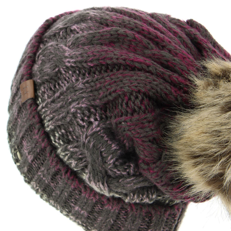 Cable Knit Beanie Hat with Contrast Turn-up and Faux Fur Bobble - Purple