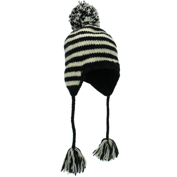 Wool Knit Earflap Bobble Hat - Stripe Cream Black